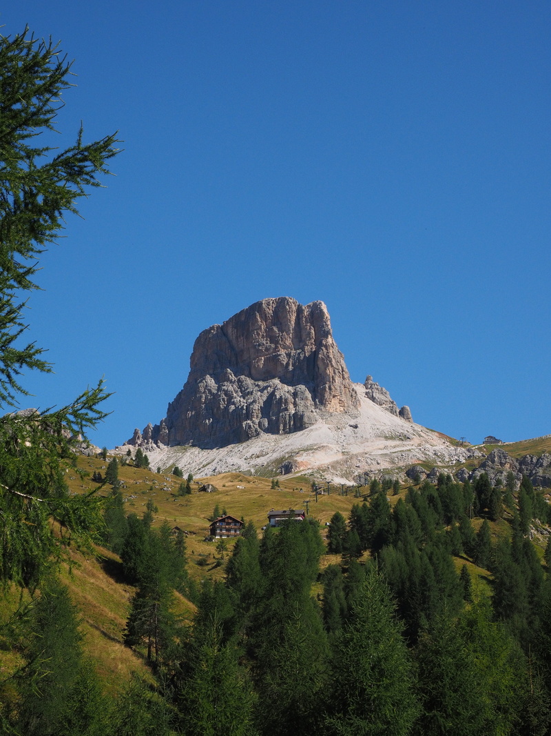 clear sky, non-urban scene, mountain group, tranquil scene, coniferous tree, tree, blue, rock - object, south tyrol, dolomites, passo di giau, solid, mountain range