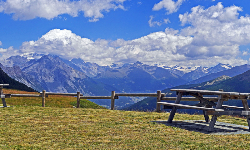 passo del foscagno, table, landscape, beauty in nature, environment, no people, grass, nature, brown, mountains, alpine, picnic, mountain range, snowcapped mountain