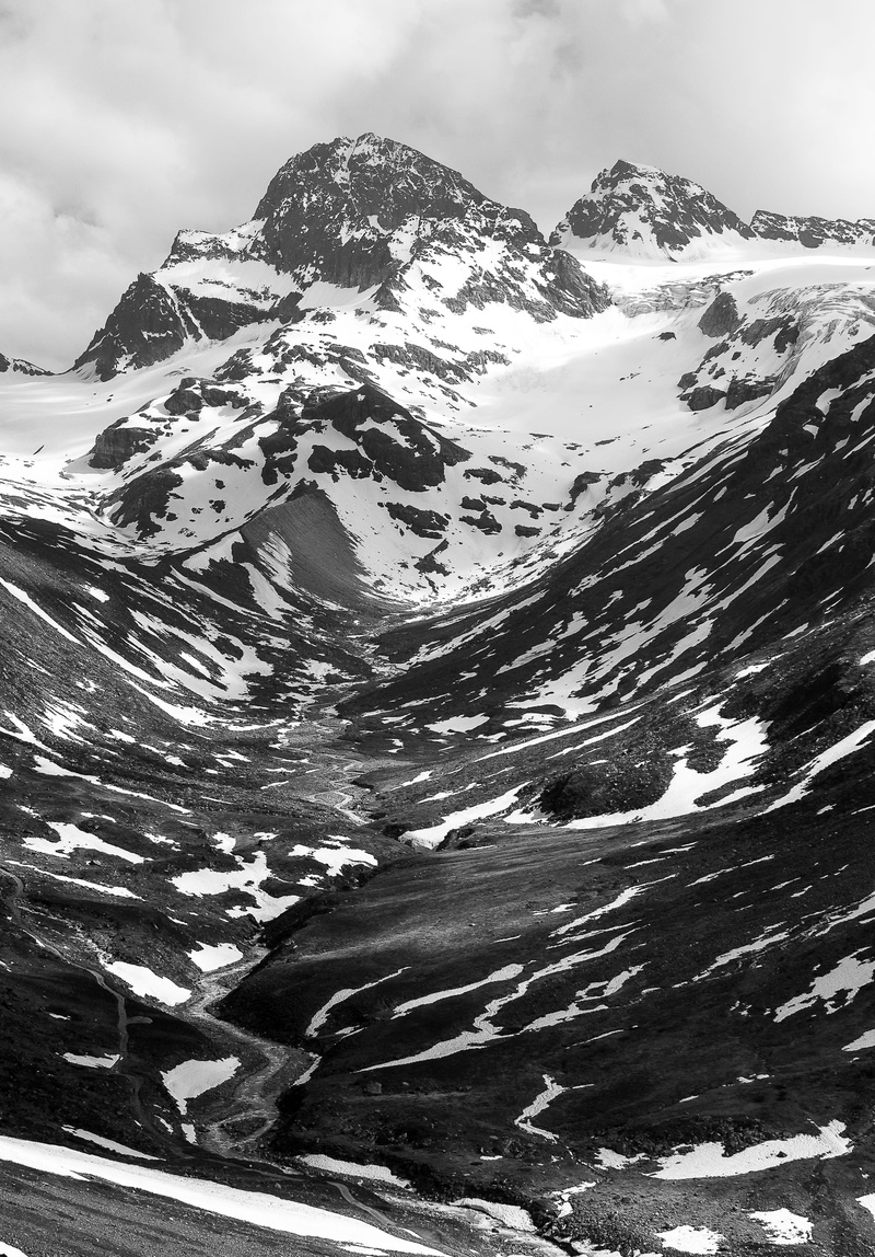 beauty in nature, mountain peak, snow, sky, mountain range, 2K, tranquil scene, snowcapped mountain, cold temperature, austria, black and white, winter