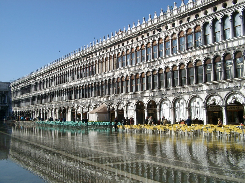 clear sky, day, nature, history, the past, canal, reflection, square, windows, 1080P, arch, flood, reflection in the water, architectural column, water