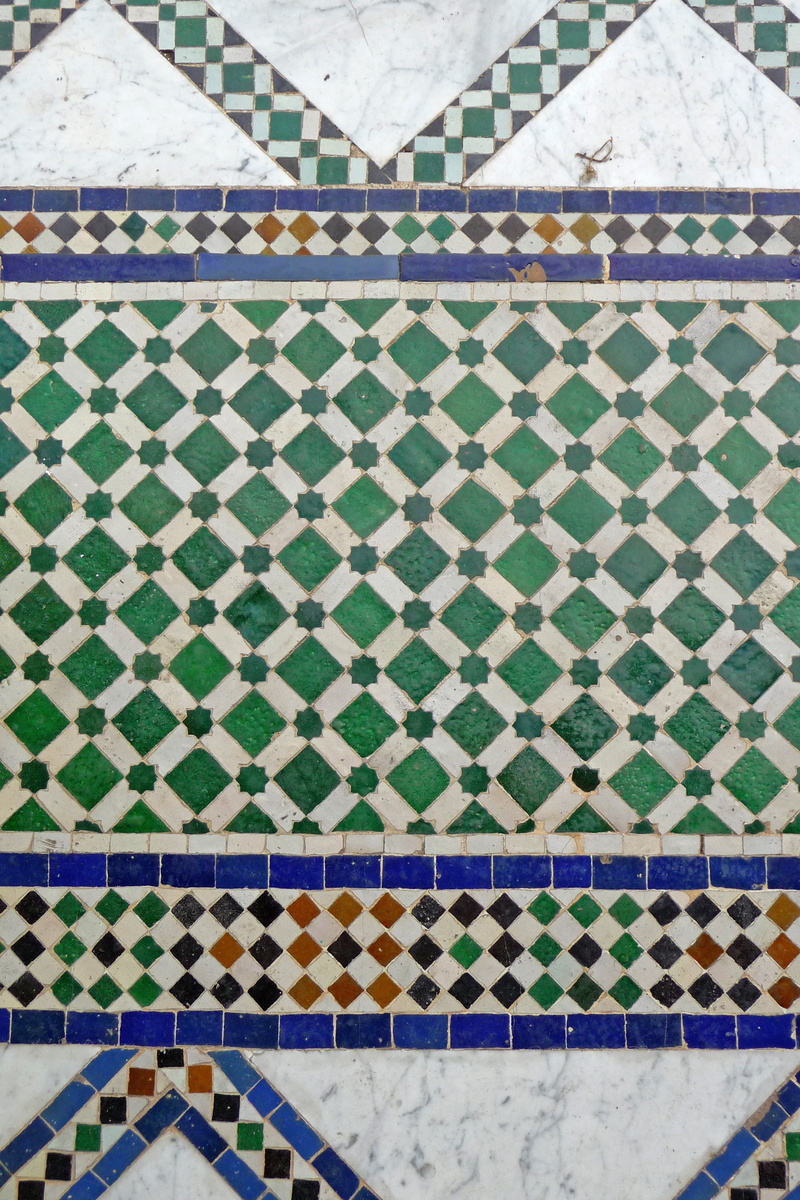 green, tourism, design, no people, badia, marrakesh, palace, art and craft, tiled floor, blue, creativity, flooring, tiles, mosaic, floral pattern, old