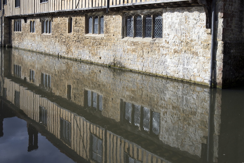 wall, stonework, city, nature, lead rainwater pipe, day, ightham mote, wall - building feature, building exterior, water, canal, waterfront, window, kent