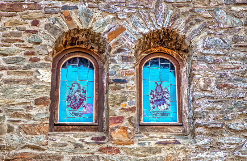 building, coat of arms, colorful, reflection, blue, stone wall, building exterior, wall, glass, the past, historically, wooden frame, leaded glass, ornament