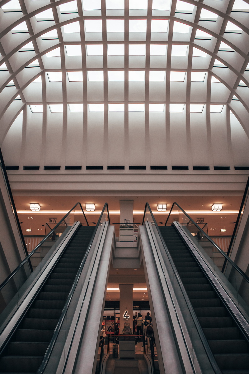 skylight, flooring, escalator, built structure, no people, transportation, staircase, stairs, steps and staircases, window, travel, technology, modern
