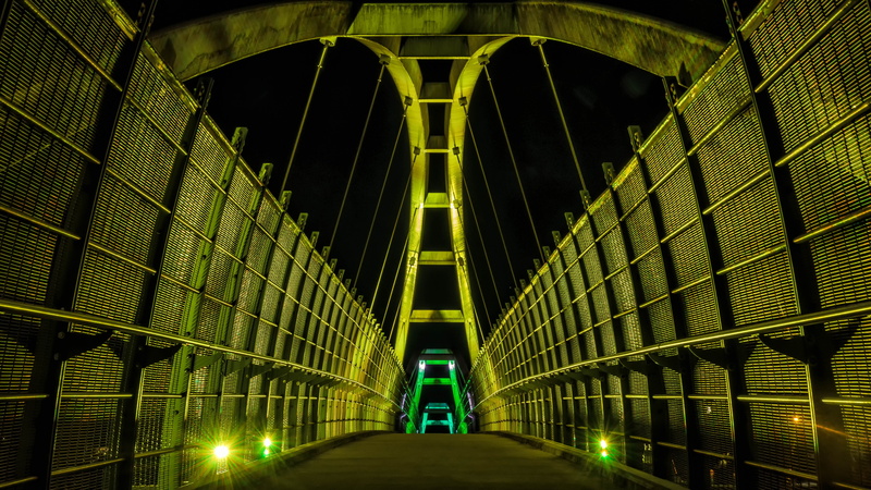 transportation system, vanishing point, direction, street, geometric, metal, bridge, glowing, low angle view, span, led, connection, leading lines, the way forward