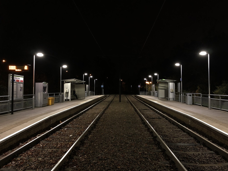 waiting, parallel, street, train, lighted, lone, lighting equipment, railroad station platform, rail transportation, empty, track, direction, train track