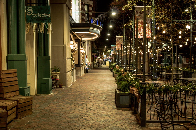 illuminated, lighting equipment, alley, leading lines, electric lamp, tennessee, empty, city, night, memphis, chair, decoration, outdoor, downtown, street
