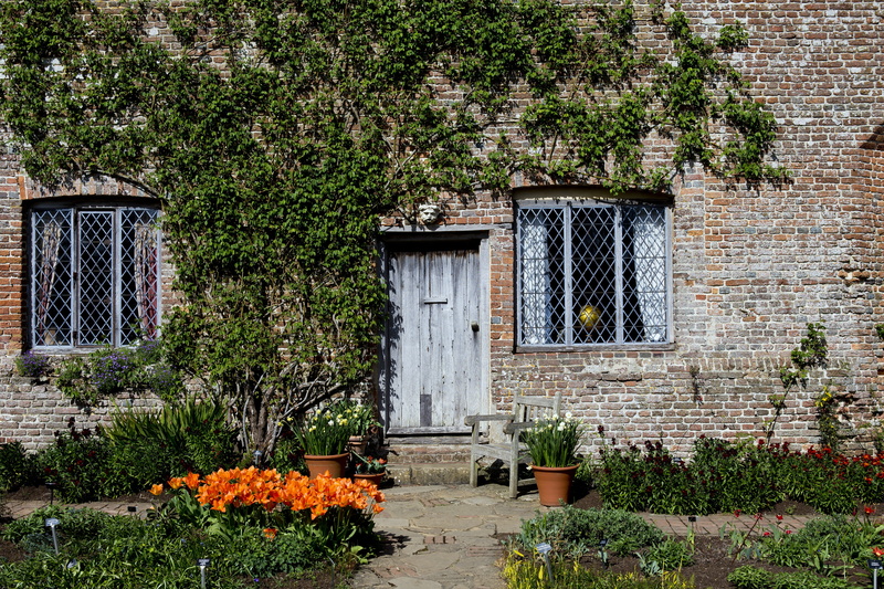 tree, house, seat, leaded-light windows, door, grass, flowering plant, tudor cottage, plant, growth, oak door and lintel, wall - building feature, orange tulips