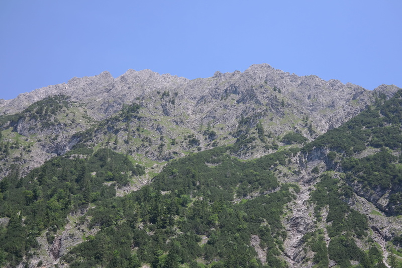 color Image, scenics - nature, mountain, forest, plant, mountain peak, clear sky, tranquil scene, formation, tree, idyllic, environment, Alpine, rock - object
