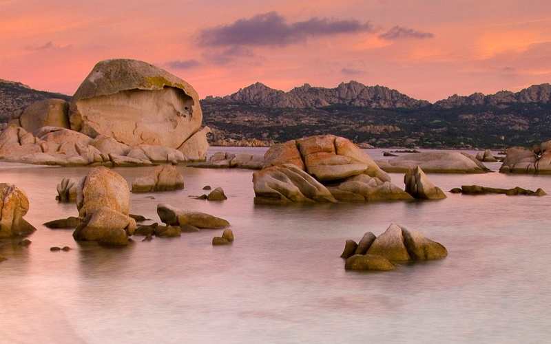 brown, sunset, tranquility, rock - object, tranquil scene, maddalena, scenics - nature, non-urban scene, windows, rock, cloud - sky, polpo, sky, water
