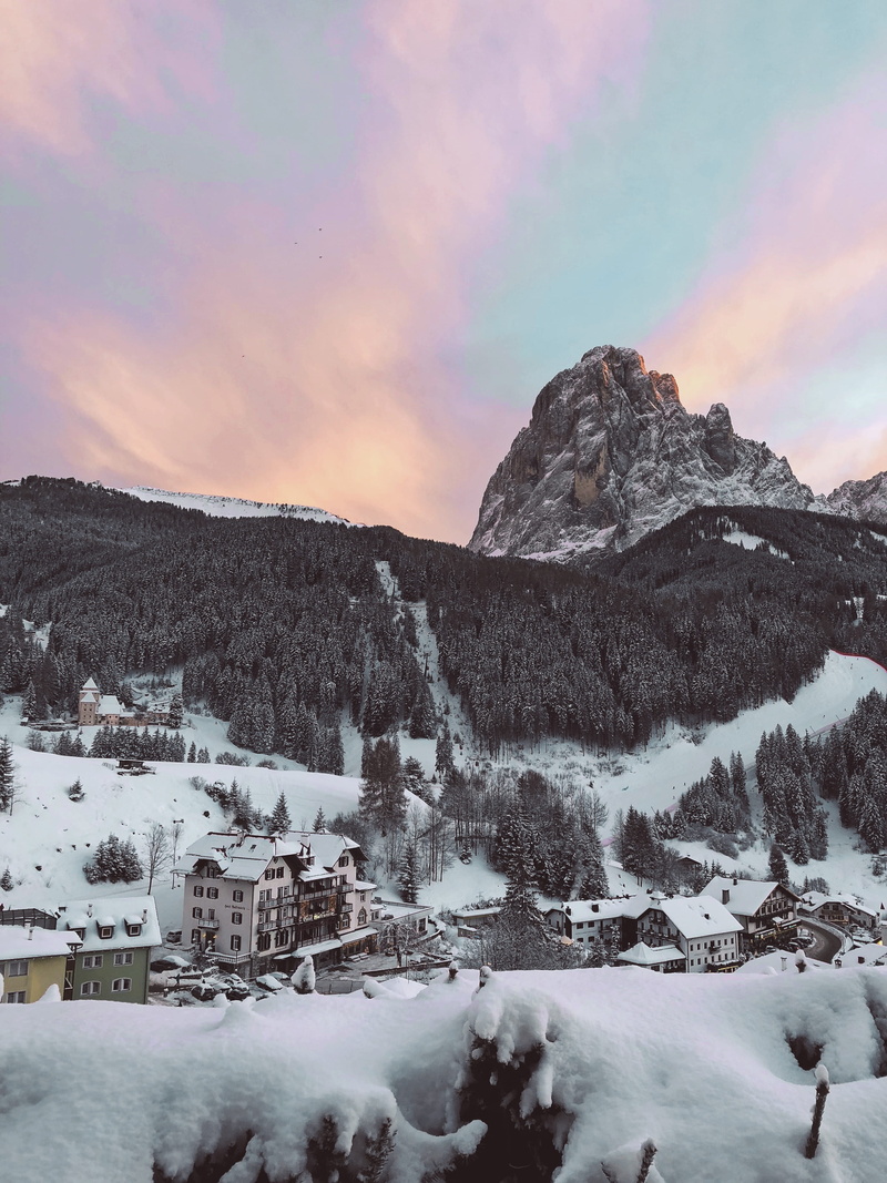 scenics, village, building, sky, sunlight, italium, mountain Peak, beside, winter, cover, cold - Temperature, landscape, forest, nature, vacations, sellaronda