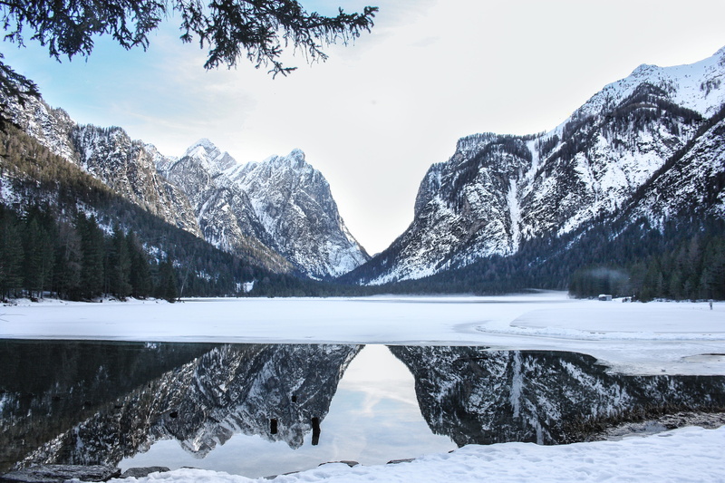 no people, frozen, landscape, mountains, body, mountain lake, the frozen lake, cold, tranquility, dolomites, plant, ice, tranquil scene, cold temperature