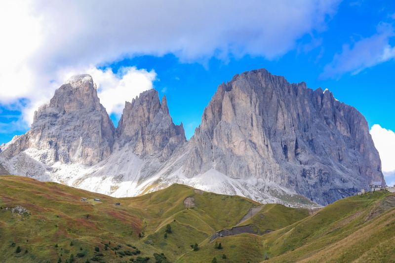 mountain landscape, plattkofel, sassolungo, dolomites, land, landscape, nature, no people, day, alpine, sky, mountain peak, cloud - sky, non-urban scene