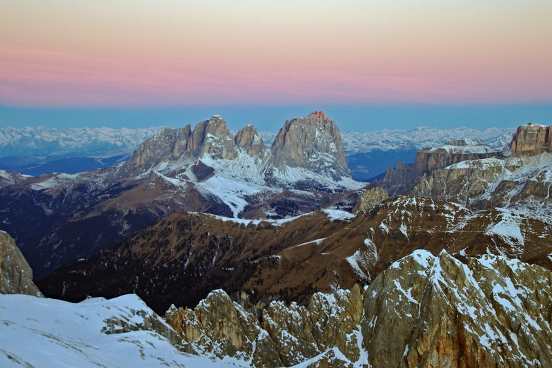 aurora from marmolada, val gardena, sea, environment, snowcapped mountain, scenics - nature, sassolungo, sun, nature, solid, mountain peak, 2K, veneto
