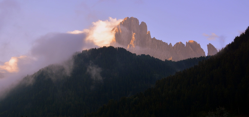 nature, pine woodland, no people, sassolungo, travel, 4K, scenics - nature, landscape, mountain range, panoramic, land, rock, sunset, italy, tree, outdoors
