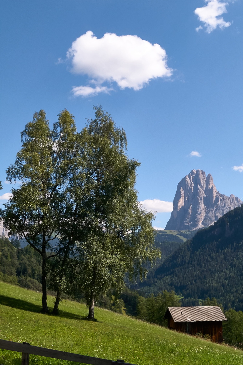 mountains, plant, grass, scenics - nature, sassolungo, heustadel, tranquil scene, cloud - sky, 2K, mountain peak, dolomites, Val Gardena, Barn, no people
