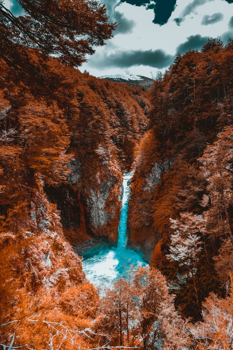 lake, autumn, flowing, rock formation, 4K, scenics - nature, argentina, nature, villa la angostura, change, cloud - sky, plant, idyllic, tree, waterfall