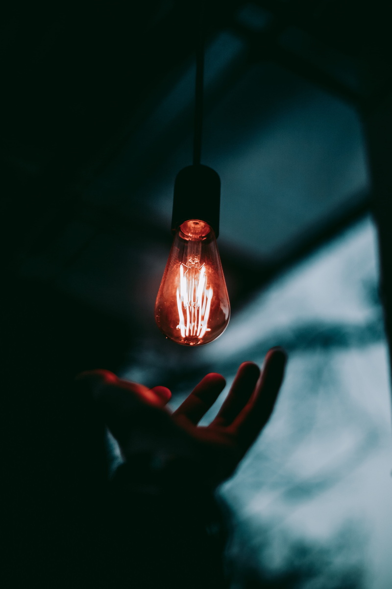 close-up, fullframe, lamp, reach, blue, real people, indoors, 5K, mood, electric light, focus on foreground, light bulb, dark, human hand, body part, human finger