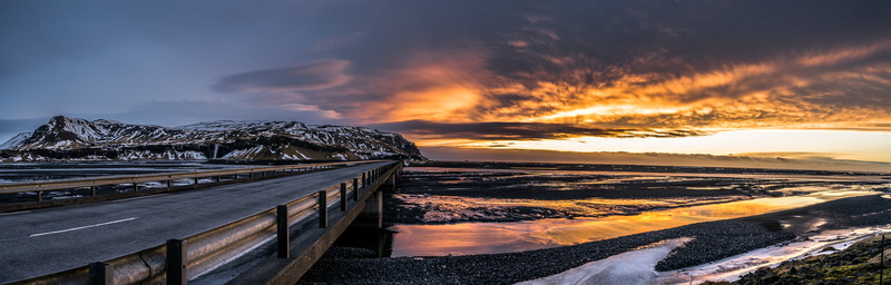 hour, golden, nature, snow, clouds, bridge, water, river, gray, sea, Markarfljot, 1080P, sky  europe, sunset, geotagged, travel, landscape, outdoor, road