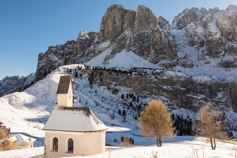 snowcapped mountain, nature, church, winter, blue sky, val gardena yoke, photography, beauty in nature, 5K, religion, white, south tyrol, chapel, snow