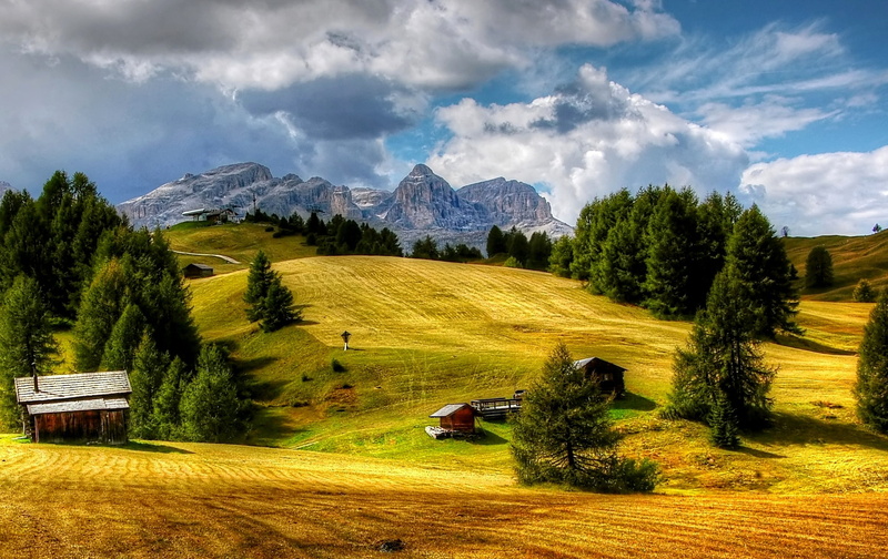 green color, snowcapped mountain, scenics, alpine, photo, field, 1080P, near, sella, scenics - nature, house, grass, pralongia, landscape, tranquil scene