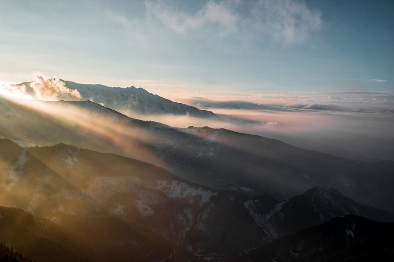 forest, mountain peak, outdoors, fog, mountains, italium, clouds, landscape, sun, light, view, europe, no people, remote, blue, snow, amazing, aerial, mountain