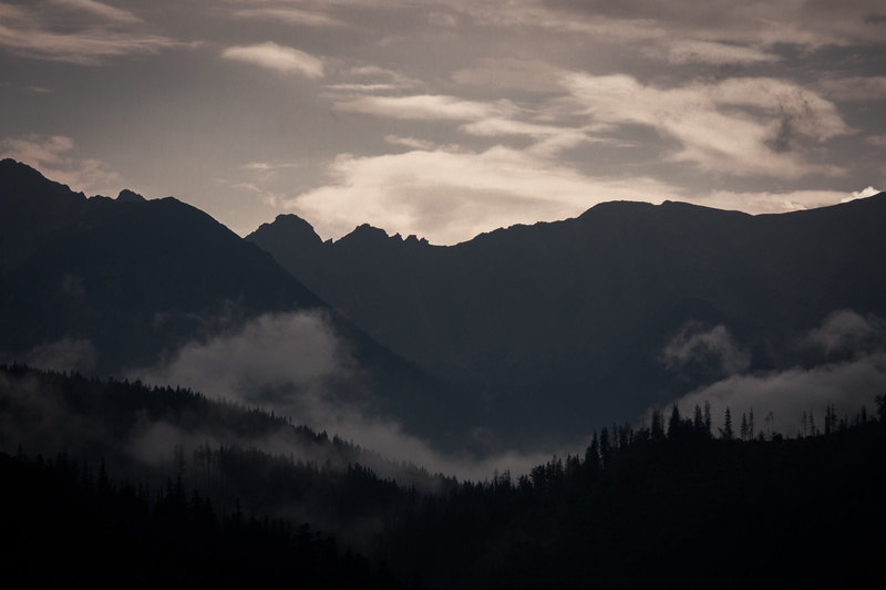 scenics, mountain peak, cloud - sky, mountain, tranquil scene, clouds, outdoors, environment, trees, coniferous tree, forest, silhouette, scenics - nature