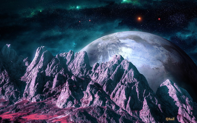 scenics - nature, tranquility, digital, behind, mountains, stars, space, planet, art, power in nature, relief, night, gray, no people, rock