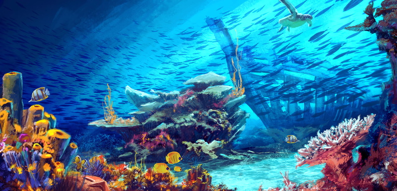 Luciano Neves, 1080P, digital art, illustration, turtle, fish, underwater, sea, coral, artwork