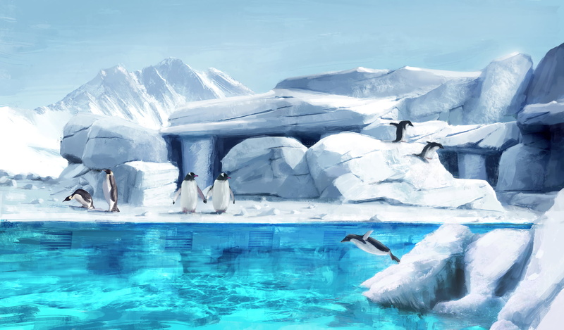 penguins, animals, mountains, digital art, 1080P, pond, artwork, Luciano Neves, ice, illustration