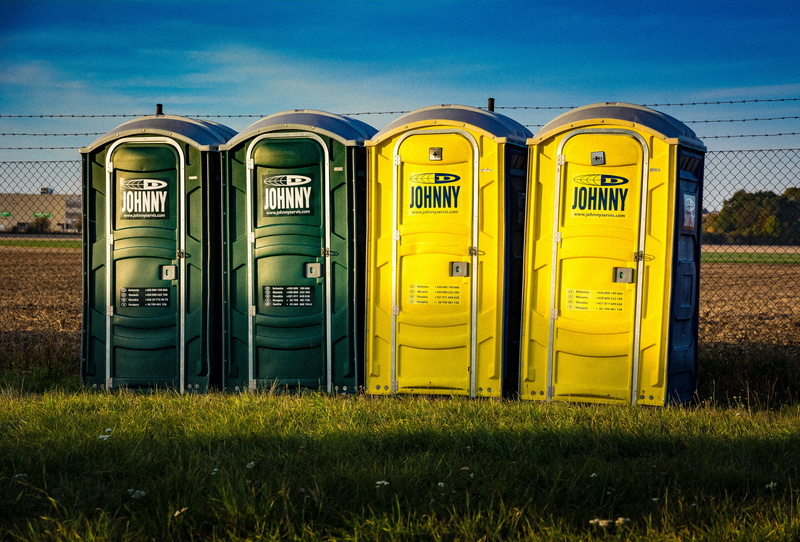 blue, johnny, no people, side by side, toilet, portable, sky, land, plant, portajohn, line, four, portaloo, nature, field, mobile toilet, green, 5K, communication