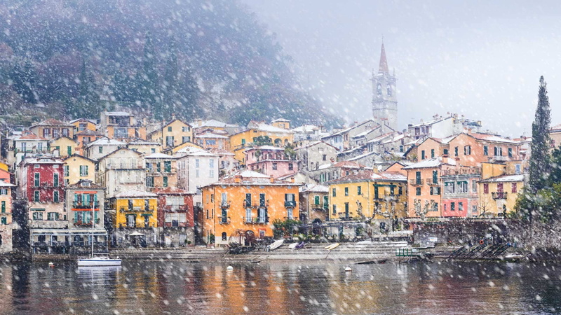 home, lake Como, Varenna, Italy, snow, 1080P