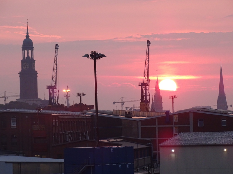 orange color, factory, hamburg, nautical vessel, 5K, evening, no people, architecture, outdoors, industry, sun, building, tower, city, dawn, spire, red sky