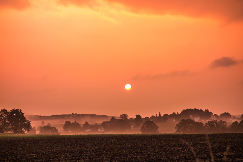 mood, light, morning, orange, beautiful, landscape, field, sunrise - Dawn, sunset, tranquil scene, tree, dawn, twilight, plant, tress, fog, village, scenic