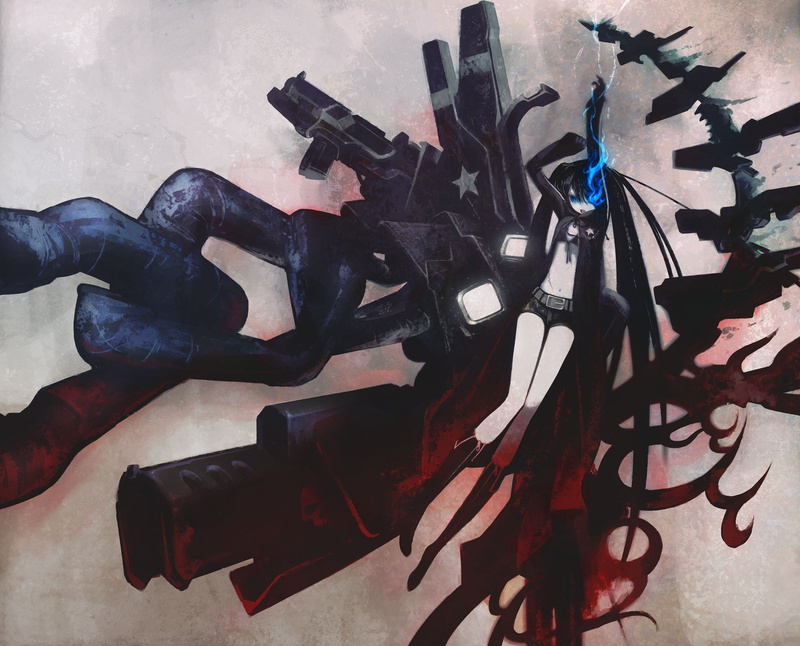coat, guns, scars, boots, blue, mouth, flames, raised, hoodies, girls, stars, twintails, pale, hair, shorts, glowing, eyes, bikini, clothes, belts, weapons