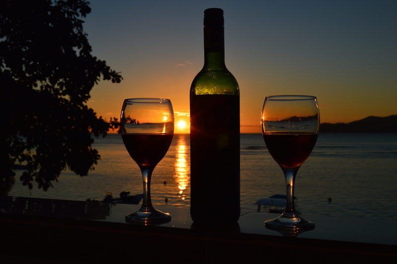 dusk, transparent, evening sky, sea, table, atmospheric, nature, romantic, evening, sunset, sun, abendstimmung, afterglow, water, red wine, still, orange