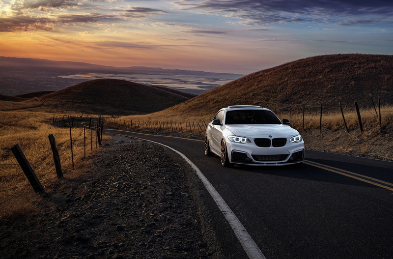 Vneels, bmw, Garde, mi, Sunset, Avant, white, 1080P, car, BMW M235i, Front, Sonrise, King Mountayns San ECE