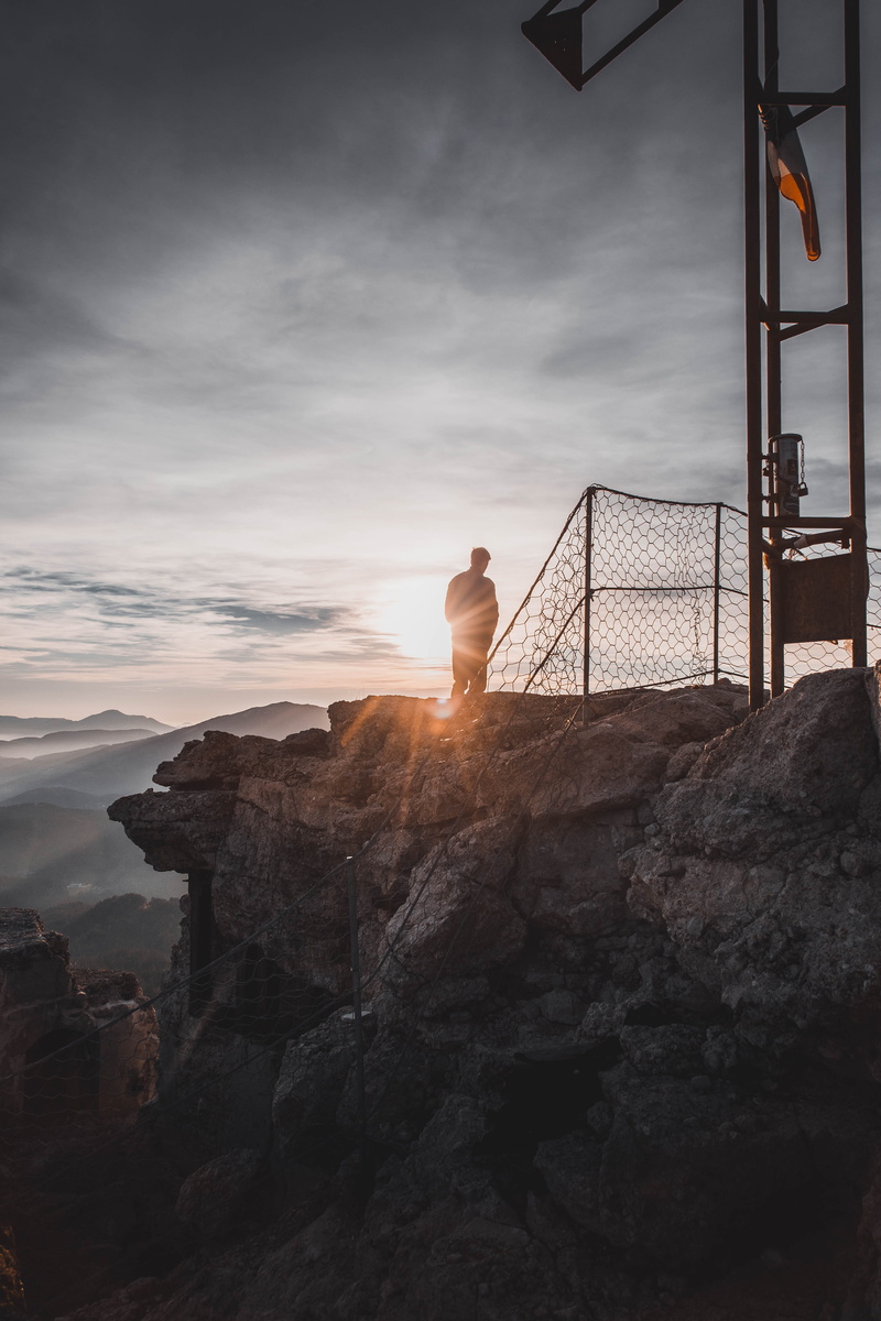 5K, solid, silhouette, dock, sunset, furniture, scenery, scenics - nature, rock formation, pier, sky, mountain, one person, standing, cliff, cima vezzena