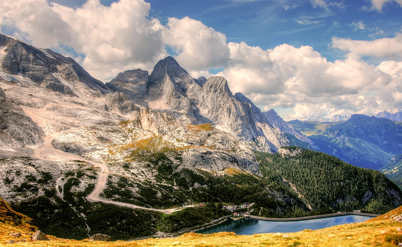 tree, alpine, marmolada, italy, blue, rock - object, sky, nature, trentino, no people, trail, mountain range, marmolada north wall, cloud - sky, dolomites
