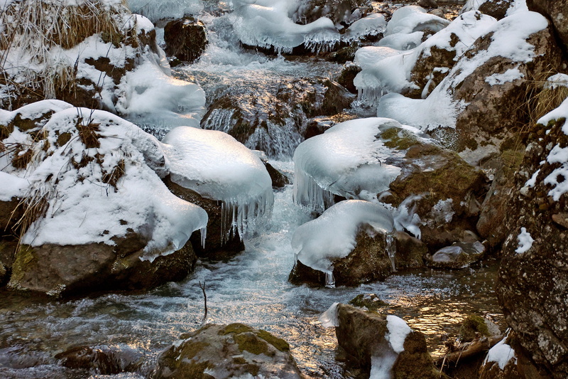 landscape, frozen, mountain, cold temperature, rock - Object, snow, scenics - nature, beauty in nature, stream - flowing water, river, rock, solid, flowing
