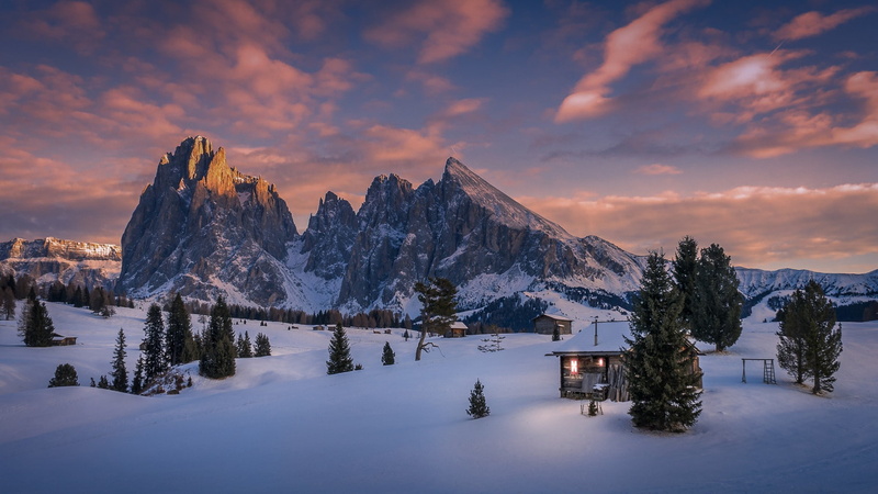 Italy, pine trees, 1080P, mountains, cabin, snow, Dolomites (mountains)