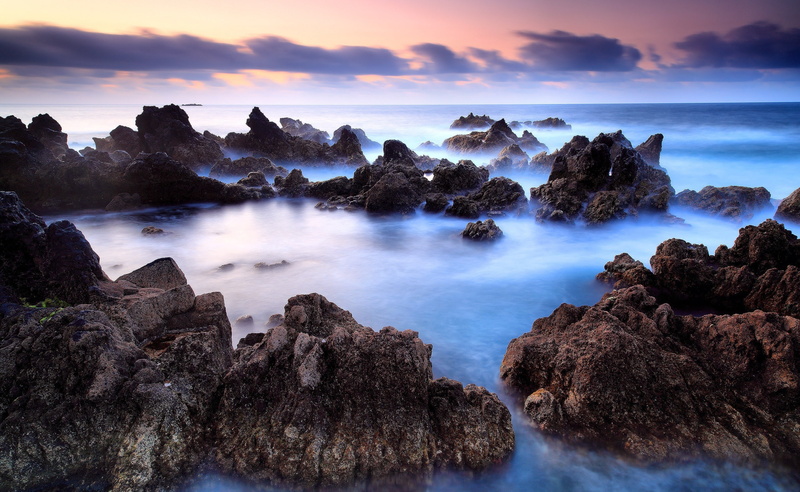 scenics - nature, horizon over water, rock formation, mountains, water, sunset, purple, cloud - sky, idyllic, Beach, tranquility, solid, Nature, long exposure