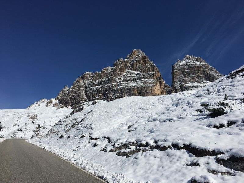 blue sky, beauty in nature, snowcapped mountain, 4K, dolomites, rock, nature, sky, mountain peak, day, mountain range, formation, white color, cold temperature