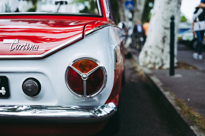 mode of transportation, car, no people, street, text, close-up, ford, retro styled, vintage car, red, vehicle, city street, rear, motor vehicle, automotive