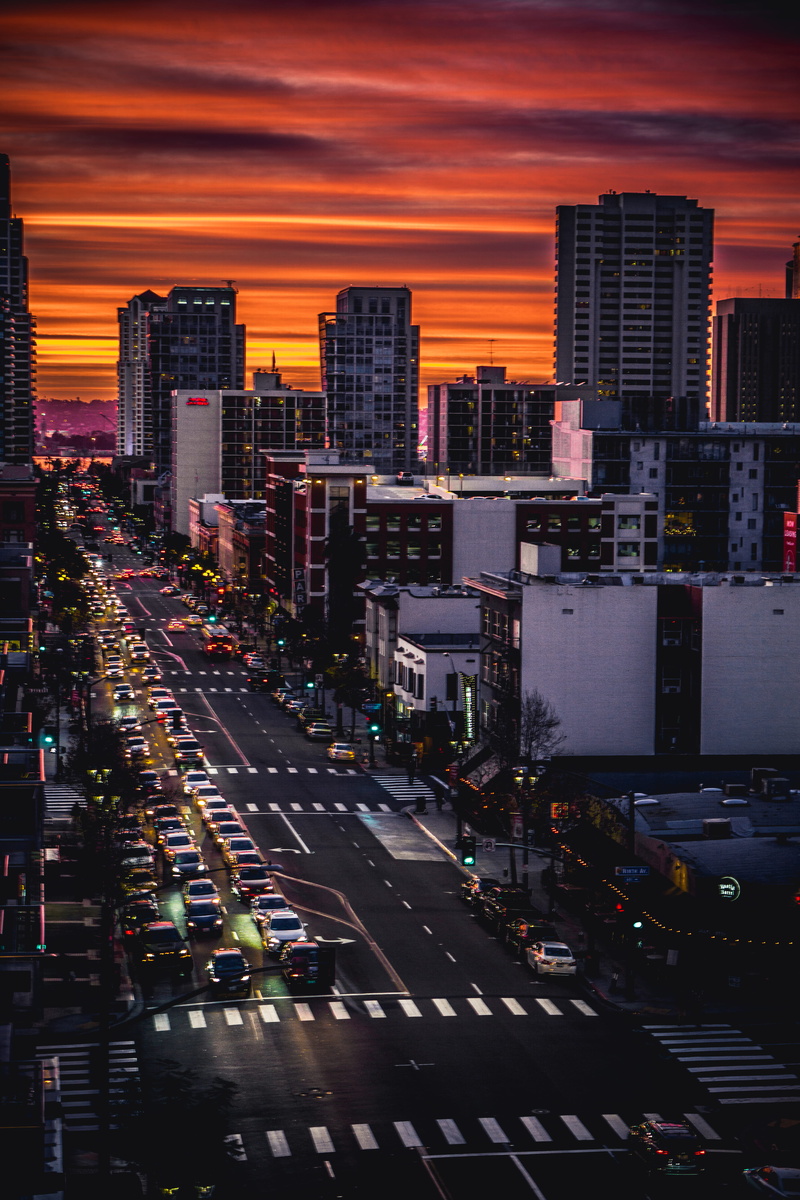 orange, clouds, cars, sundown, city life, cloud, dramatic, city, sunset, traffic, office building exterior, dusk, transportation, 5K, skies, mode of transportation