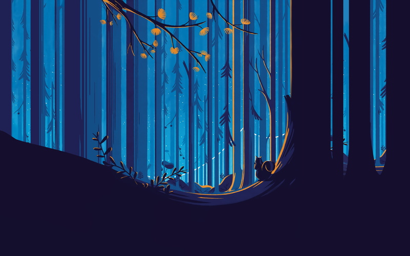 sky blue, trees, Tom Haugomat, illustration, squirrel, forest, 2K, yellow flower