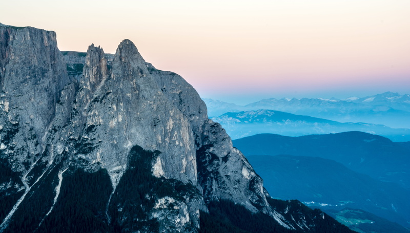 mountain, scenics - nature, nature, winter, rock - object, alpe di siusi, formation, cold temperature, rock, non-urban scene, solid, environment, sunrise