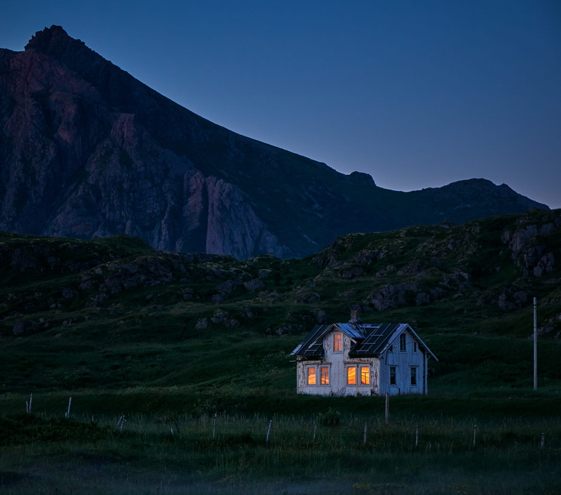 moungtain peak, grass, architecture, outdoors, nature, building exterior, landscape, mountain, house, cabin, residential district, simple living, night