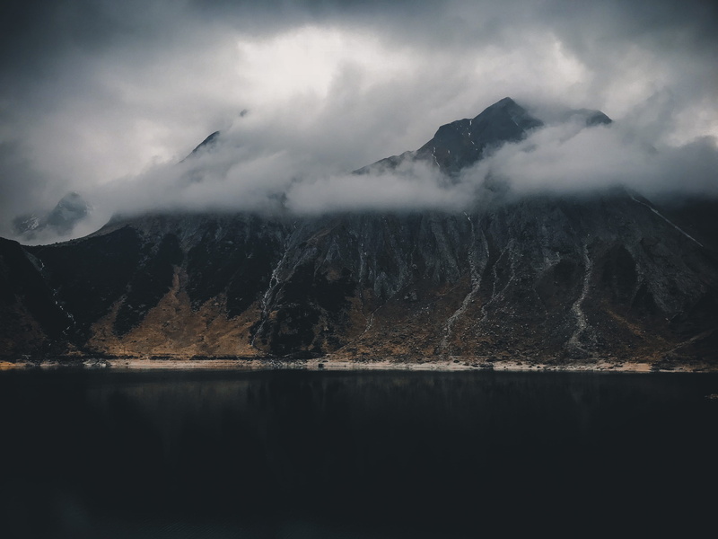 black lake, snow, range, no people, mountain peak, tranquility, non-urban scene, environment, tranquil scene, scenics - nature, silence, mountain peal