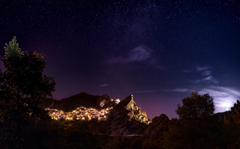 galaxy, mountain, 4K, castelmezzano, nighttime, outdoor, plant, star - space, moonlight, tree, dark, outdoors, light, milky way, moon, travel, lights